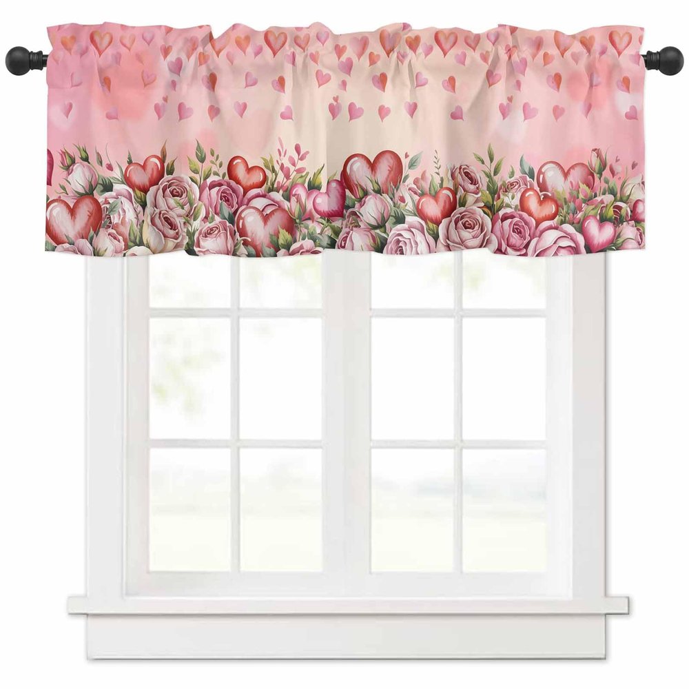 Anzona Curtain Valance 60" x 18", Valentines Day Floral Window Valances Rod Pocket Curtains Drapes, Pink Red Ombre Love Heart Short Topper Curtain for Kitchen Cafe Living Room, 1 Panel