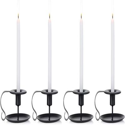 4 Pcs Retro Iron Simple Black Chamberstick Candlestick Holders Taper Candle Holder, Fits Standard Taper and Candlesticks, Candlelight Stand for Halloween Christmas Dining Room Decoration Display