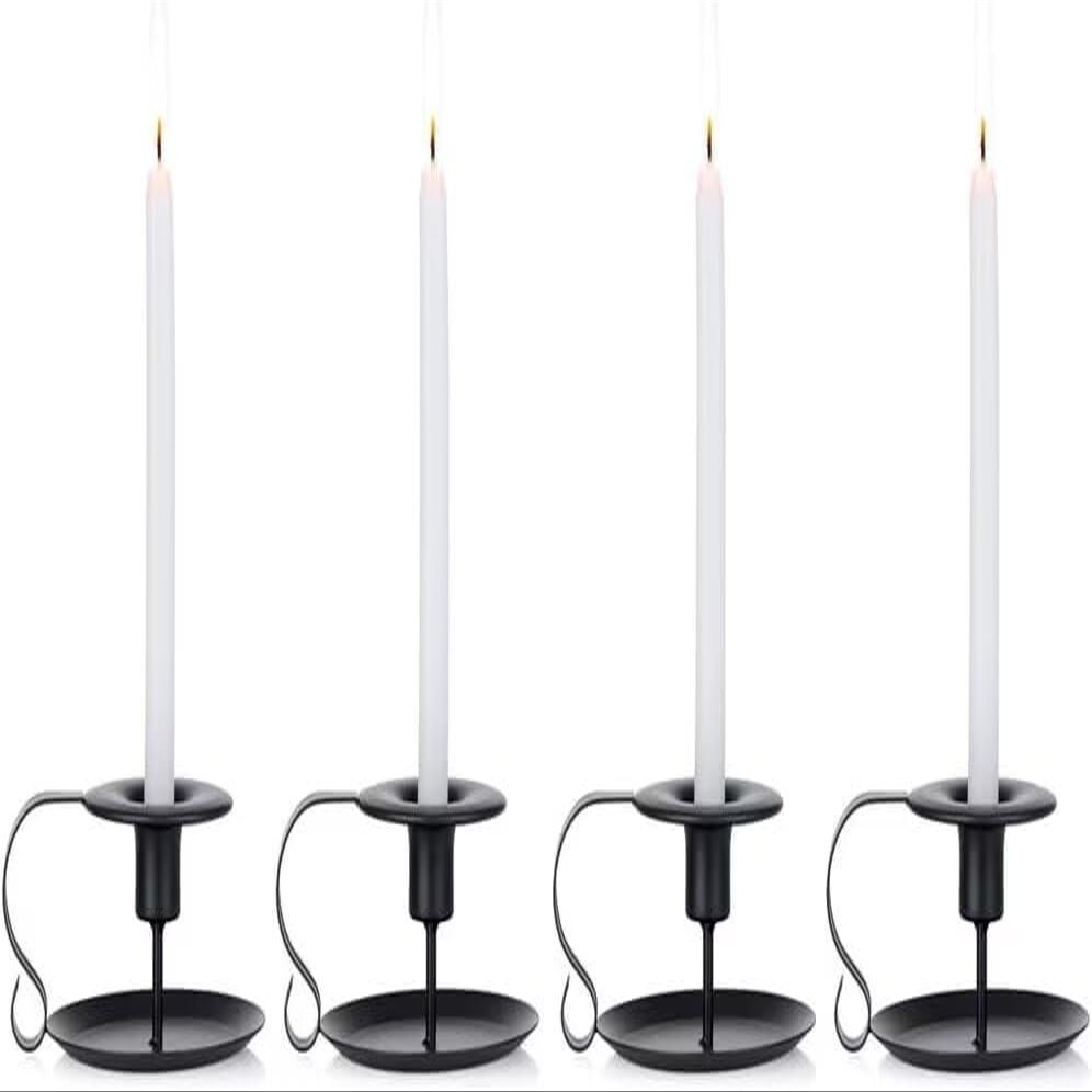 4 Pcs Retro Iron Simple Black Chamberstick Candlestick Holders Taper Candle Holder, Fits Standard Taper and Candlesticks, Candlelight Stand for Halloween Christmas Dining Room Decoration Display