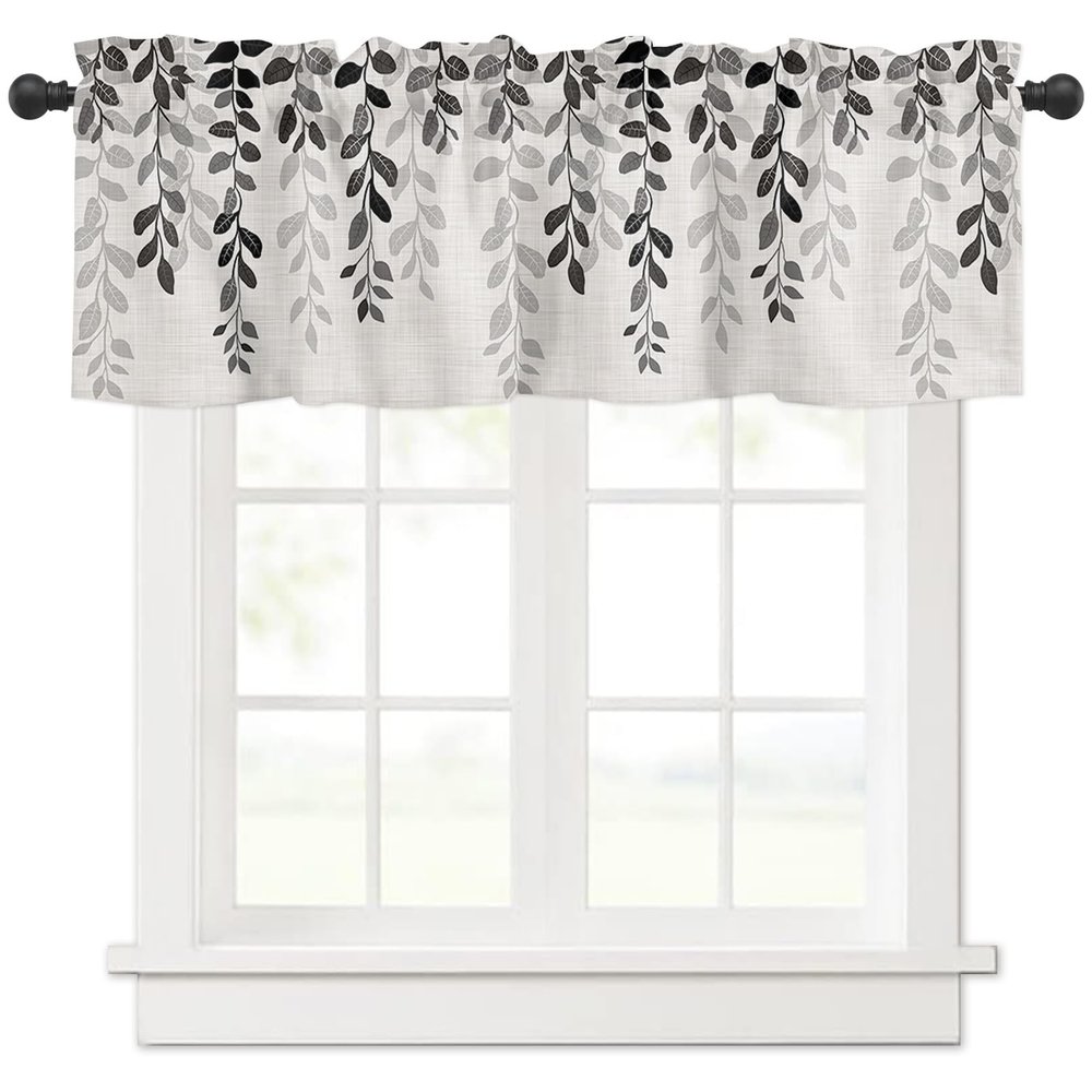 Anzona Curtain Valance 60" x 18", Grey Ombre Botanical Window Valances Rod Pocket Curtains Drapes, Watercolor Gray Pastoral Leaf Rustic Short Topper Curtain for Kitchen Cafe Living Room, 1 Panel