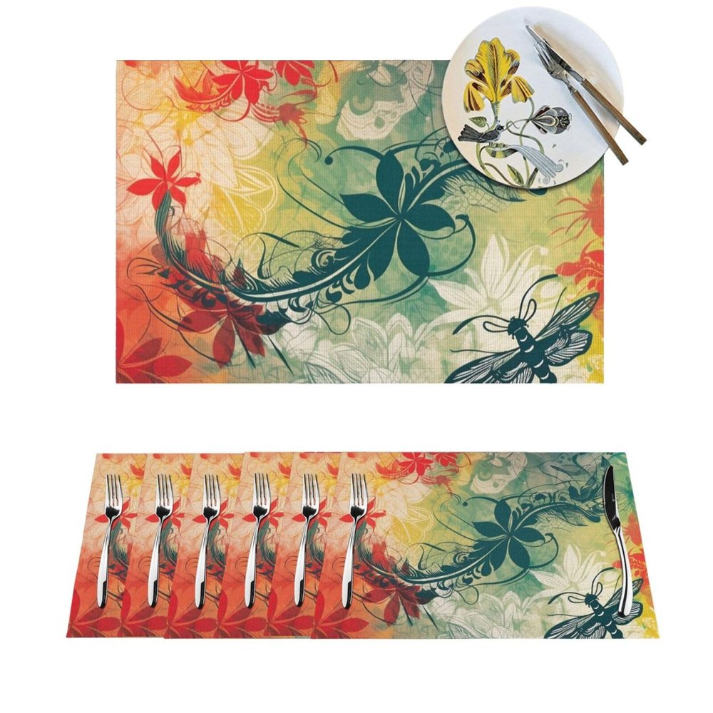 1 PVC Placemats Set Place Mats Abstract Flowers and Dragonfly Non-Slip Weave Place Mats 12" x 18" Farmhouse Table Mat Set for Family Dinners Wedding Parties
