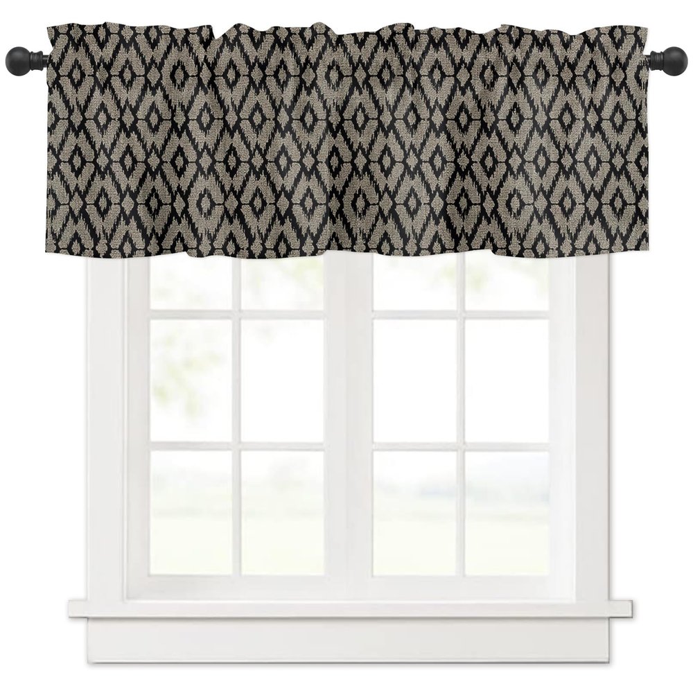 Anzona Curtain Valance 42" x 18", Black Brown Geometric Window Valances Rod Pocket Curtains Drapes, Retro Modern Abstract Art Short Topper Curtain for Kitchen Cafe Living Room, 1 Panel