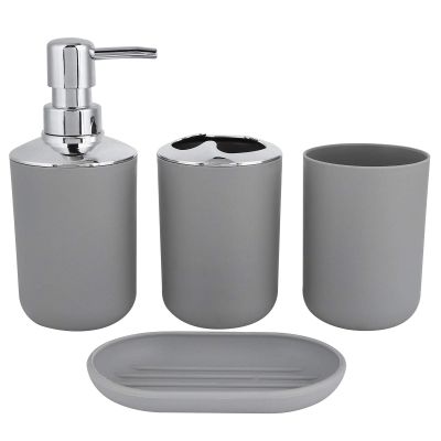 PerGar Bathroom Accessories Set, 4-Piece Plastic Gift Set, Lotion Bottle, Storage Cup, Rinse Cup, Soap Dish (Gray)