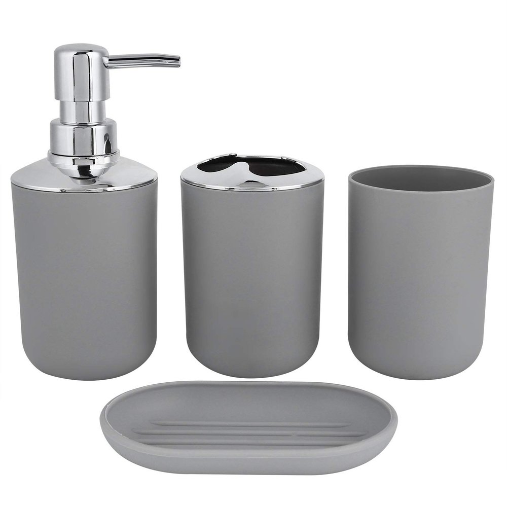 PerGar Bathroom Accessories Set, 4-Piece Plastic Gift Set, Lotion Bottle, Storage Cup, Rinse Cup, Soap Dish (Gray)