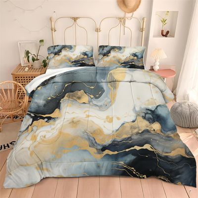 Albideyaa Gold Glitter Dusty Blue Marble Bedding Comforter Set for Boys Girls Teens Full Size Abstract Watercolor Art Marbling Duvet Set Soft Texture Kids Adult Bedroom Quilt Set with 2Pillowcases