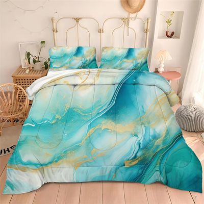 Albideyaa Abstract Turquouse Marble Comforter Bedding Set for Boys Girls Teens King Size Gold Glitter Chic Marbling Kids Adult Duvet Set Soft Texture Bedroom Quilt Set with 2Pillowcases