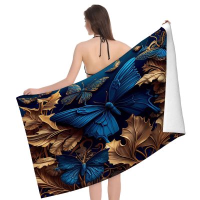 OOZ Blue Butterflies and Gold Flowers Pattern Beach & Pool Towel,Towels for Pool, Beach, Bath, Gym & More,Soft, Absorbent Beach Towel,32 x 52 in