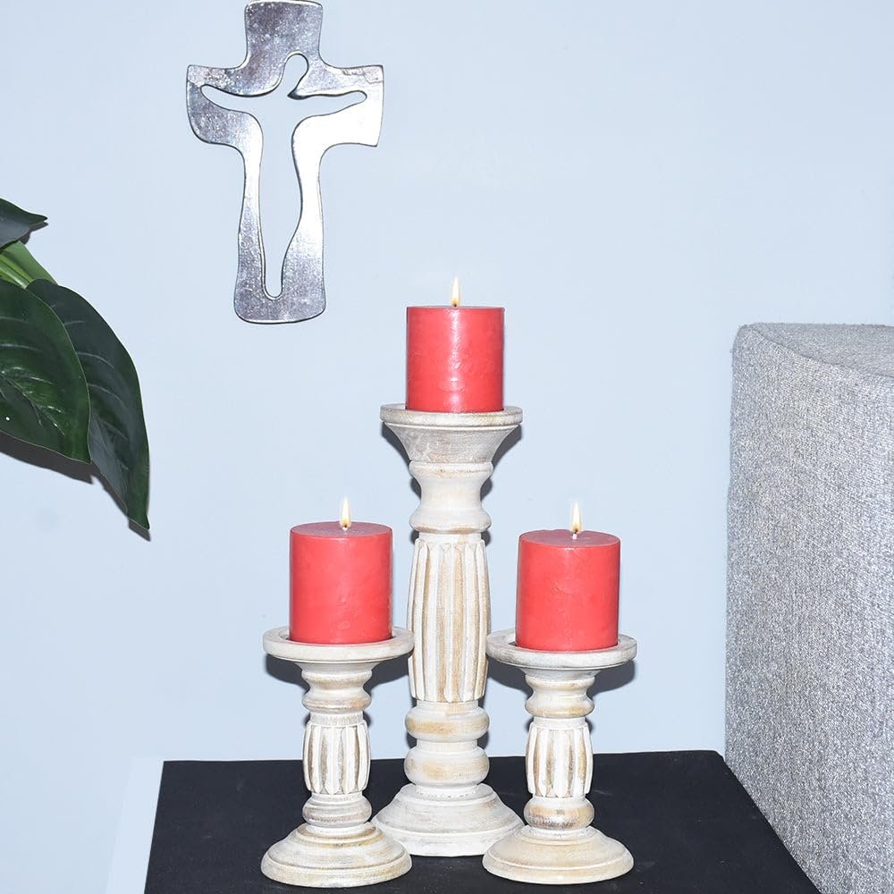 Handmade Mango Wood Eco-Friendly Traditional Antique White Set of Three 6",12" & 6" Pillar Candle Holder