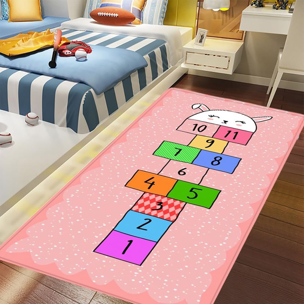 Cartoon Hopscotch Floor mat,Fashion Hopscotch Kids Carpet Bedroom,Sweet Pink Rug,Blue Figure Children's Rugs,Pink Rabbit 23.6''x70.9''