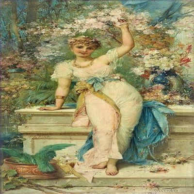 Toperfect Oil Painting Handmade $50-$2000 by College Teachers - Room Decor - 27 Famous Zatzka Wall Art Decor - floral girl standing Hans Zatzka Austrian beauty garden -Size3