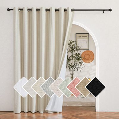 NICETOWN Natural 100% Blackout Linen Insulated Patio Curtain 95 inch Long Burg, Farmhouse Thick Completely Blackout Window Treatment Thermal Drape for Living Room (1 Panel, 100" Width)