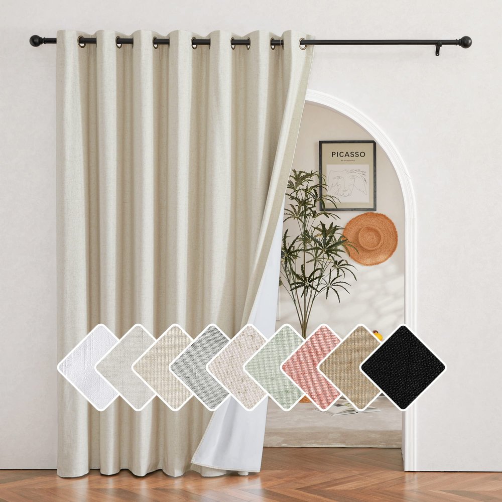 NICETOWN Natural 100% Blackout Linen Insulated Patio Curtain 95 inch Long Burg, Farmhouse Thick Completely Blackout Window Treatment Thermal Drape for Living Room (1 Panel, 100" Width)