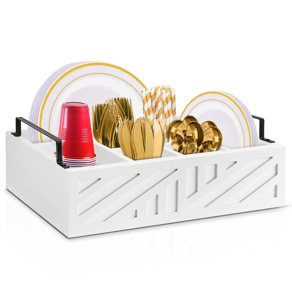 Ameuphercy Paper Plate Holder Utensil Caddy for Kitchen CounterPaper Plate Dispenser with Large Cup Holder for Kitchen Counter, Paper Plate Organizer for Party,Wedding, BBQ
