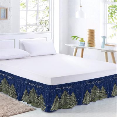 Forest Snow Tree Bed Skirt Queen Size 18 Inch Drop, Adjustable & Elastic Wrap Around Bed Skirts Pleated Luxury Dust Ruffles For Twin Full Queen Cal King Base Bed, Christmas Winter Snowflake Navy Green