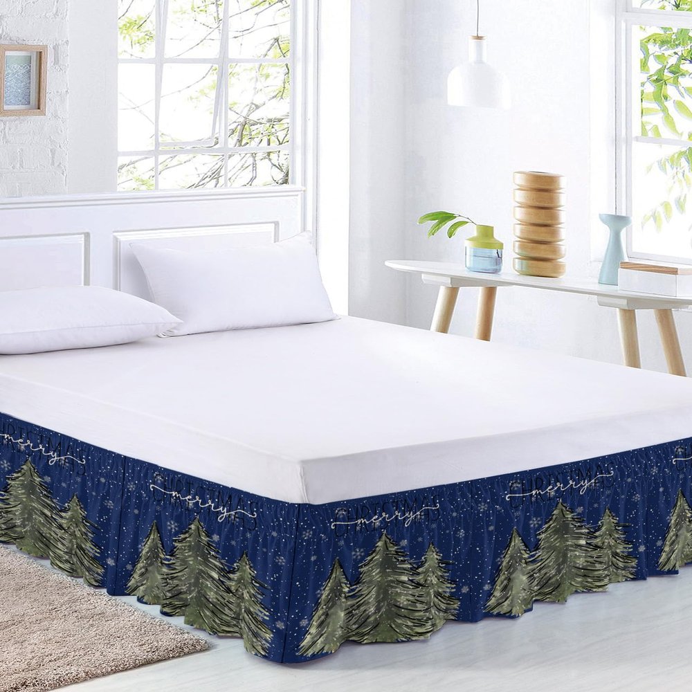 Forest Snow Tree Bed Skirt Queen Size 18 Inch Drop, Adjustable & Elastic Wrap Around Bed Skirts Pleated Luxury Dust Ruffles For Twin Full Queen Cal King Base Bed, Christmas Winter Snowflake Navy Green