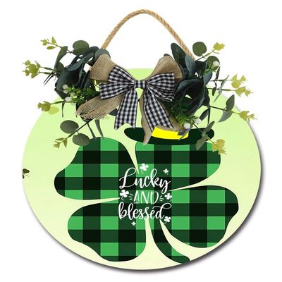 LoMall Happy St Patricks Day Sign Front Door Decor, Green Shamrock Clover Horseshoe Farmhouse Wood Door Hanger, Rustic Wooden Wreath Pediment Plaque Outdoor Indoor Wall Hanging Decorations
