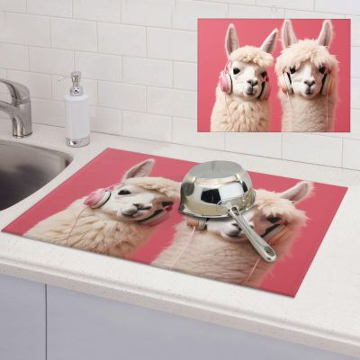 Alpaca listening to music Dish Drying Mat Large 18"x 24" Dishes Drainer Mats for Kitchen Counter Super Absorbent Quick Drying Coffee Mat Dish Rack Pad,Rack Tableware Mat