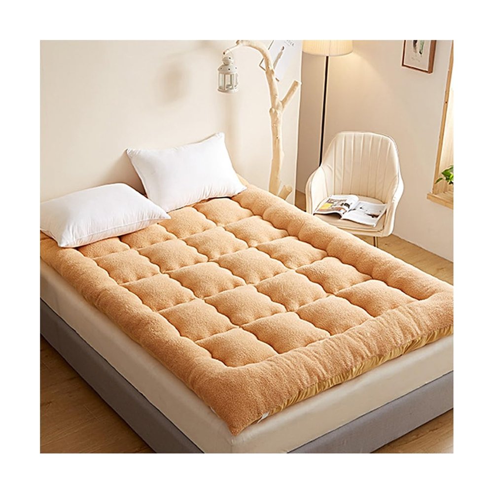 Lamb Wool Extra Thick Mattress Topper Queen King Size Down Alternative Mattresses Pad Premium Fluffy Japanese Foldable Futon Mattresses For Camping Couch ( Color : Brown , Size : King-180*200cm )