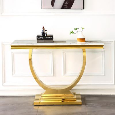 Henf 47" Marble Console Table Modern White Faux Marble Entryway Table with Gold U-Shaped Pedestal Base Luxury Accent Sofa Table w/Mirrored Stainless Steel Frame for Living Room Hallway Corridor