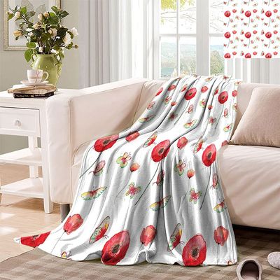 Floral Decor Extra Lager Plush Blanket Vintage Pattern with Poppy and Butterfly Romance Themed Illustration Soft Extra Long Bed Blanket 90" x 70"