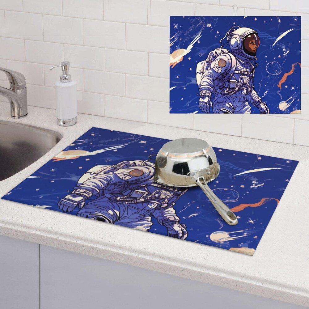 Black astronaut on blue Dish Drying Mat Large 18"x 24" Dishes Drainer Mats for Kitchen Counter Super Absorbent Quick Drying Coffee Mat Dish Rack Pad,Rack Tableware Mat