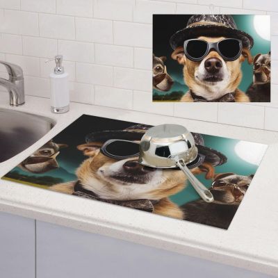 Animal wearing glasses and hat Dish Drying Mat Large 18"x 24" Dishes Drainer Mats for Kitchen Counter Super Absorbent Quick Drying Coffee Mat Dish Rack Pad,Rack Tableware Mat