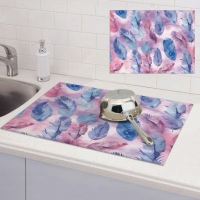 Blue and feather pattern Dish Drying Mat Large 18"x 24" Dishes Drainer Mats for Kitchen Counter Super Absorbent Quick Drying Coffee Mat Dish Rack Pad,Rack Tableware Mat