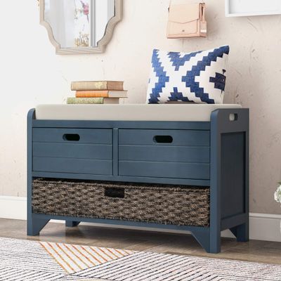 DESIGNER97 Storage Bench Removable Basket 2 Drawers Fully Assembled Acacia Wood Shoe Bench Standing Shoe Rack Removable Cushion for Living Room, Entrance Hallway, No Assembly Required Navy