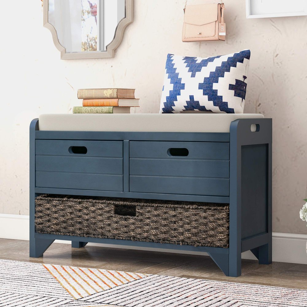 DESIGNER97 Storage Bench Removable Basket 2 Drawers Fully Assembled Acacia Wood Shoe Bench Standing Shoe Rack Removable Cushion for Living Room, Entrance Hallway, No Assembly Required Navy