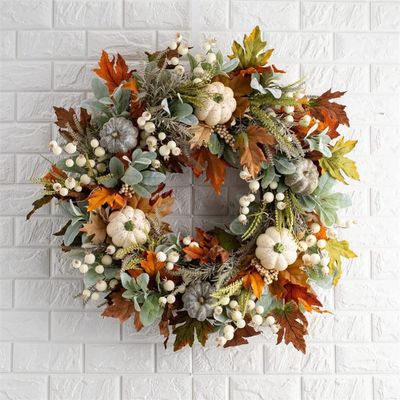 Artificial Wreath Halloween Thanksgiving Frost Leaf Pumpkin Maple Autumn Wreath Front Door Wreath Home Decor (Color : A Size : 17.7 inch)