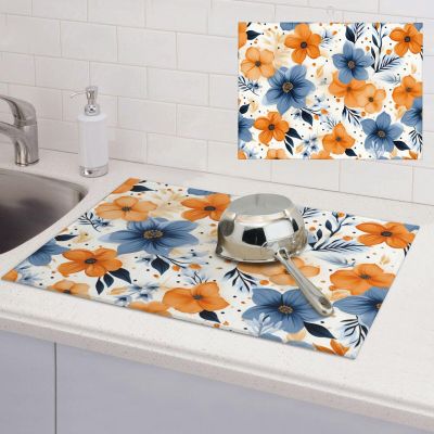 Blue and orange flowers Dish Drying Mat Large 18"x 24" Dishes Drainer Mats for Kitchen Counter Super Absorbent Quick Drying Coffee Mat Dish Rack Pad,Rack Tableware Mat