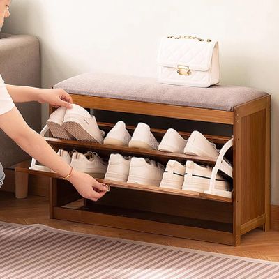 KAMPCO Entryway Shoe Storage Bench Wood, Shoe Rack Organizer with Linen Padded Seat, Shoe Changing Stool for Hallway, Mudroom, Closet and Garage