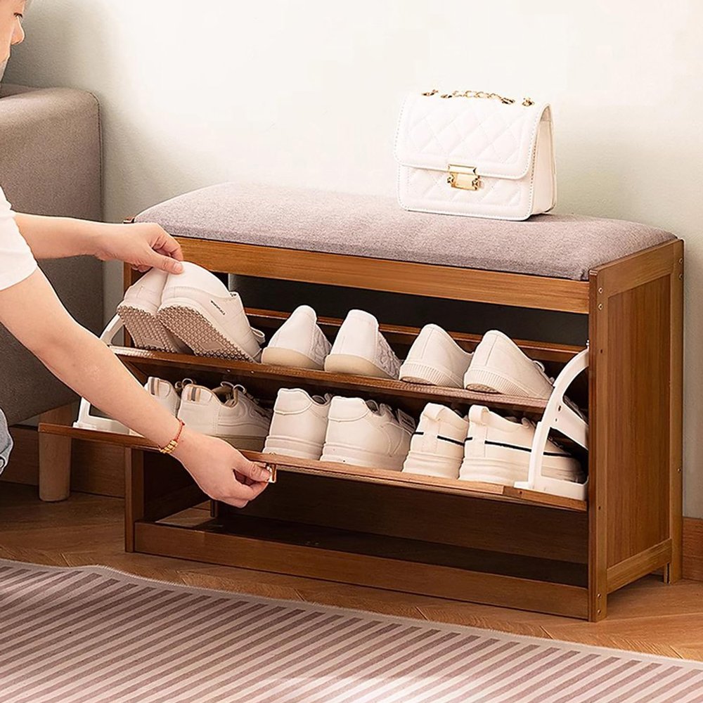 KAMPCO Entryway Shoe Storage Bench Wood, Shoe Rack Organizer with Linen Padded Seat, Shoe Changing Stool for Hallway, Mudroom, Closet and Garage