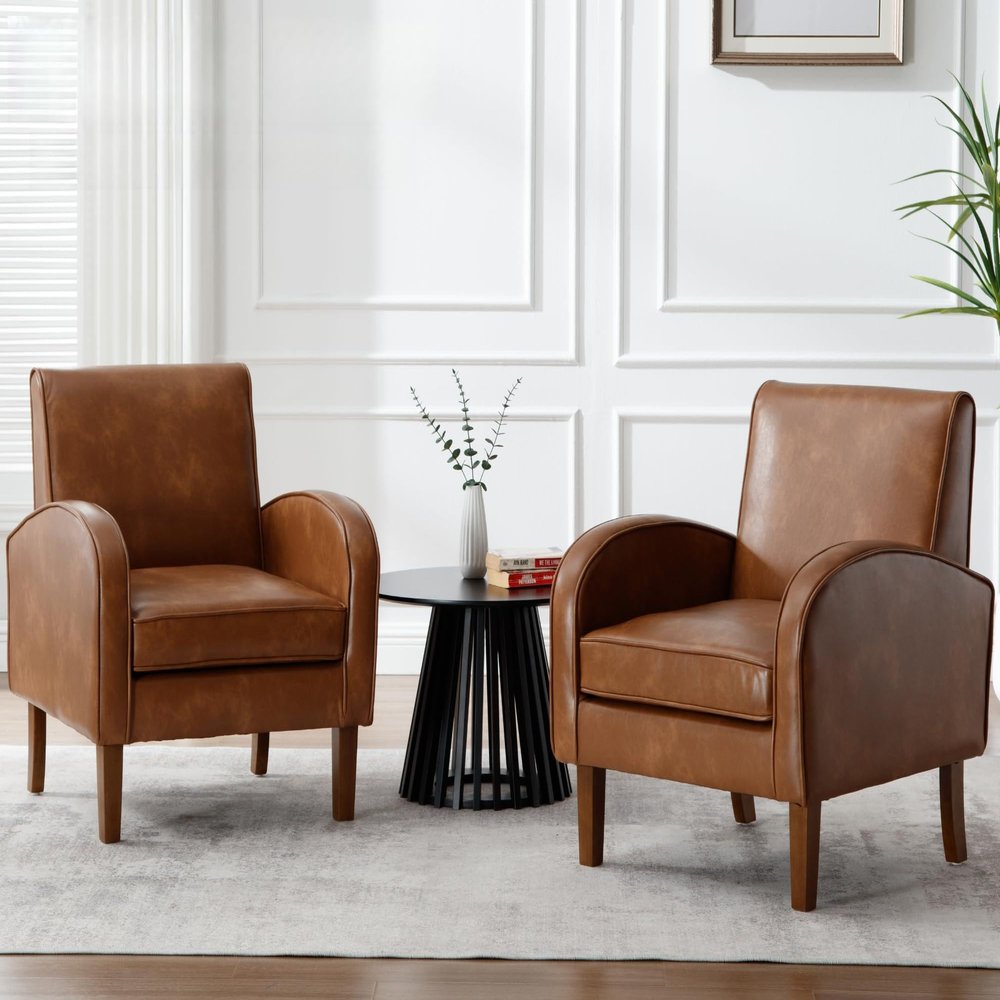VESCASA Upholstered Accent Chairs with Wood Legs, PU Faux Leather Comfy Single Sofa with Curve Arms, Modern Side Club Leisure Chairs for Reading/Living Room/Bedroom, Set of 2, Brown