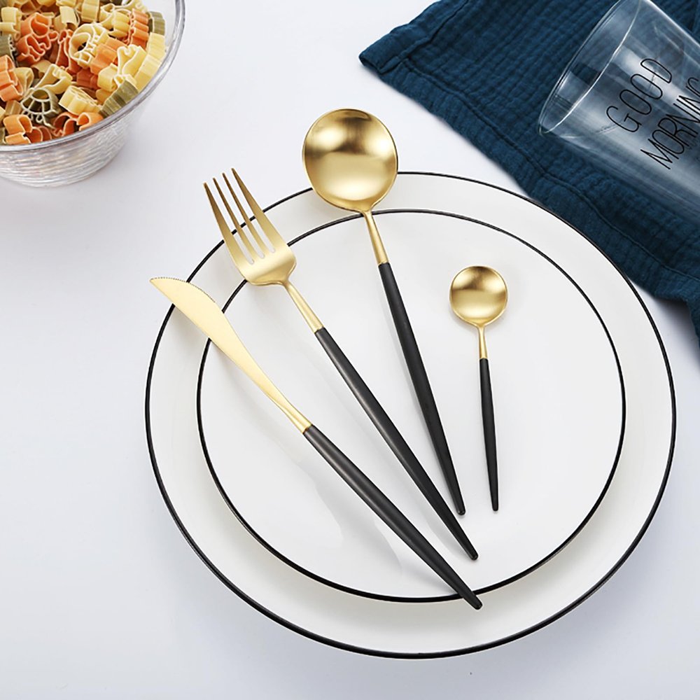 Black Silverware Set for 4, 16 Piece Stainless Steel Tableware in Ergonomic Design Size and Weight Food Grade Stainless Steel Including Steak Knife Fork and Spoon Mirror Polished party