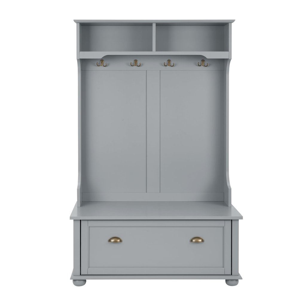 Zenvya Hall Tree with Storage Bench and Coat Rack with 4 Double Hooks and Anti-Topple Anchor Shoe Storage Bench with Adjustable Shoe Cabinet Shelves, for Living Room, Corridor, Entrance (Gray)