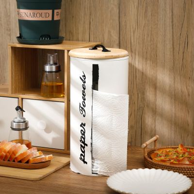 Yoande Farmhouse Paper Towel Holder, Metal Countertop Paper Towel Stand Dispenser with Wooden Lid, Rustic White Anti-Rust Storage for Kitchen Bathroom Dining Table, 6.3 x 6.3 x 13.4 Inches