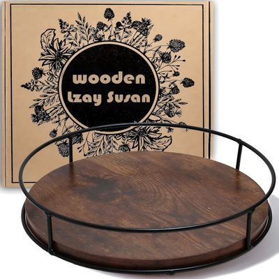 Tomoaza 9 Inch Wood Lazy Susan Turntable for Table, Kitchen Rustic Brown Turntable Organizer with Steel Frame, 360 Degree Decorative Turntable for Countertop Cabinet or Centerpieces