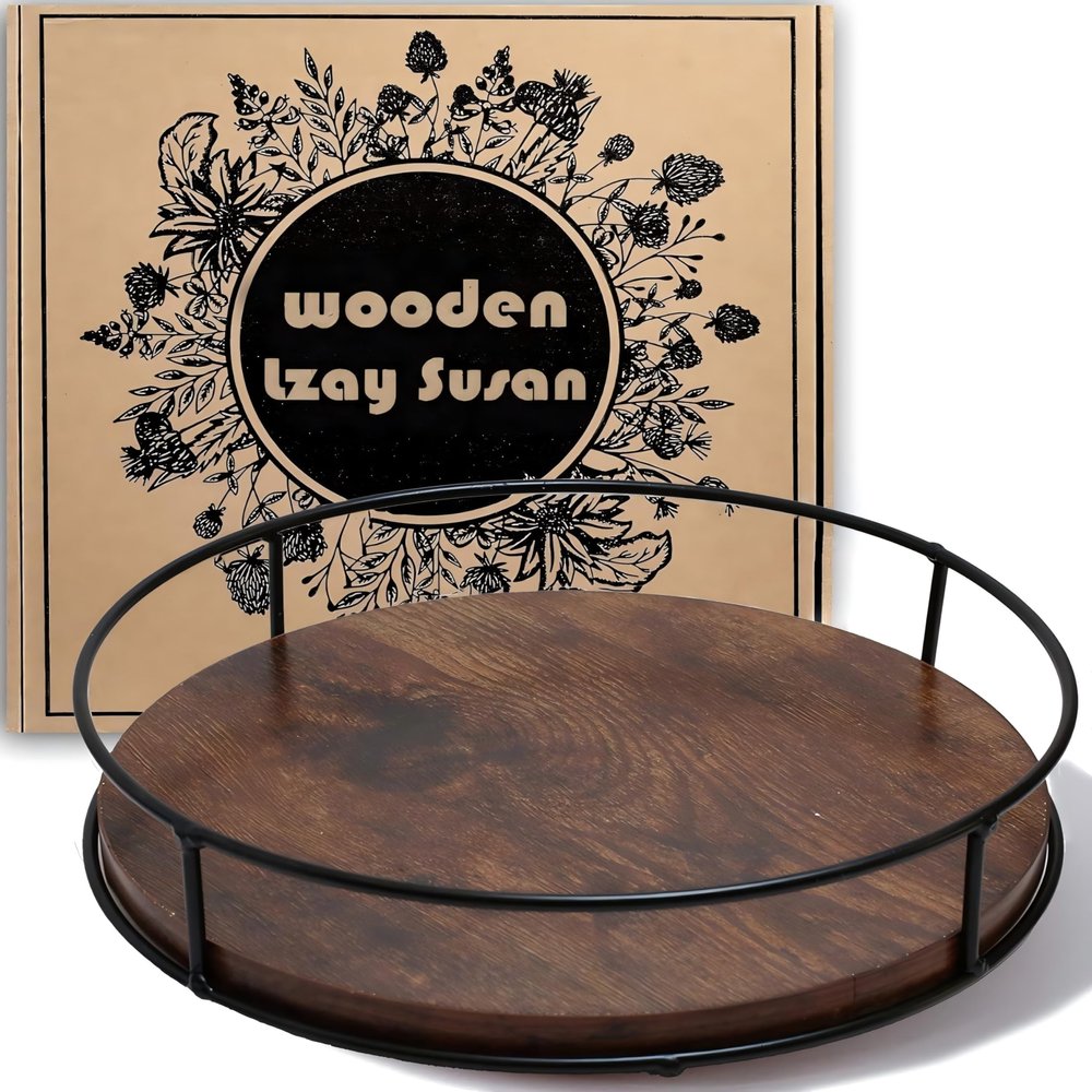 Tomoaza 9 Inch Wood Lazy Susan Turntable for Table, Kitchen Rustic Brown Turntable Organizer with Steel Frame, 360 Degree Decorative Turntable for Countertop Cabinet or Centerpieces