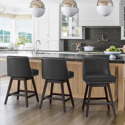 Cozyman 26 Inch Bar Stools Set of 3, Black Swivel Counter Stools with Back, Faux Leather Upholstered Barstools, Solid Wood Legs with Footrest, Modern Bar Stool for Kitchen Island, Dining Room, Pub