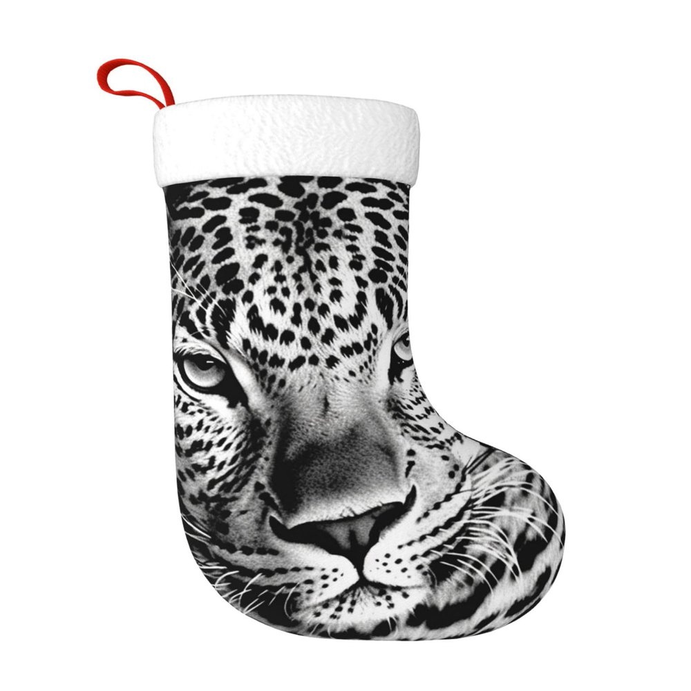 Personalized Black and white leopard face Christmas Stockings 18" Large Stockings Santa Classic Xmas Fireplace Hanging Stockings for Family Stocking Gifts Holiday Decoration Season Party Decor
