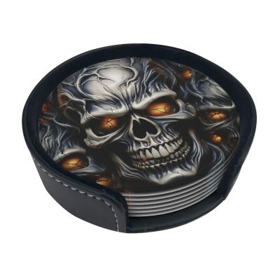 Cool Evil Skull Coasters for Drinks Set of 6 with Holder Non-Slip Leather Coaster Round Drink Coaster for Tabletop Protection, Cup Mat for Coffee Table Decor