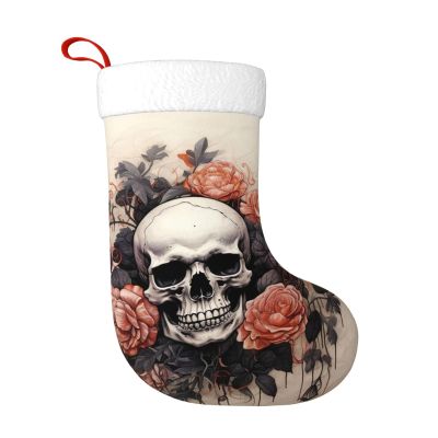 BTCOWZRV Personalized Ancient Skull and Flowers Christmas Stockings 18" Large Stockings Santa Classic Xmas Fireplace Hanging Stockings for Family Stocking Gifts Holiday Decoration Season Party Decor