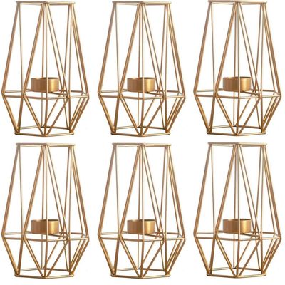 6 Pcs Metal Hexagon Shaped Geometric Design Tea Light Votive Candle Holders, Iron Hollow Tealight Candle Holders for Vintage Wedding Home Decoration, Gold