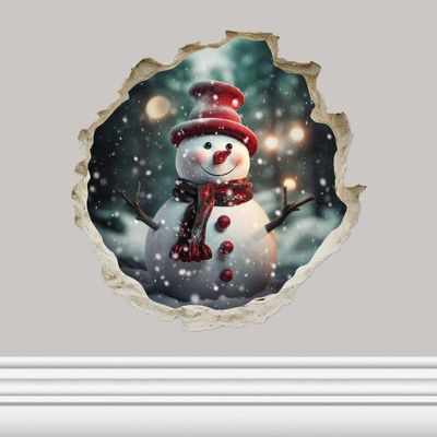 Christmas Snowman in Hole Sticker - 3D Hole Wall Decal, Kids Room, Classroom, Home, Bedroom, Livingroom, Bookcase, Size - 5'' X 5''