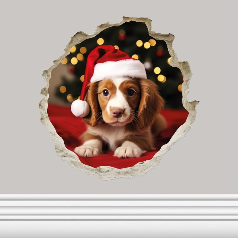 Christmas Puppy in Hole Sticker - 3D Hole Wall Decal, Kids Room, Classroom, Home, Bedroom, Livingroom, Bookcase, Size - 5'' X 5''