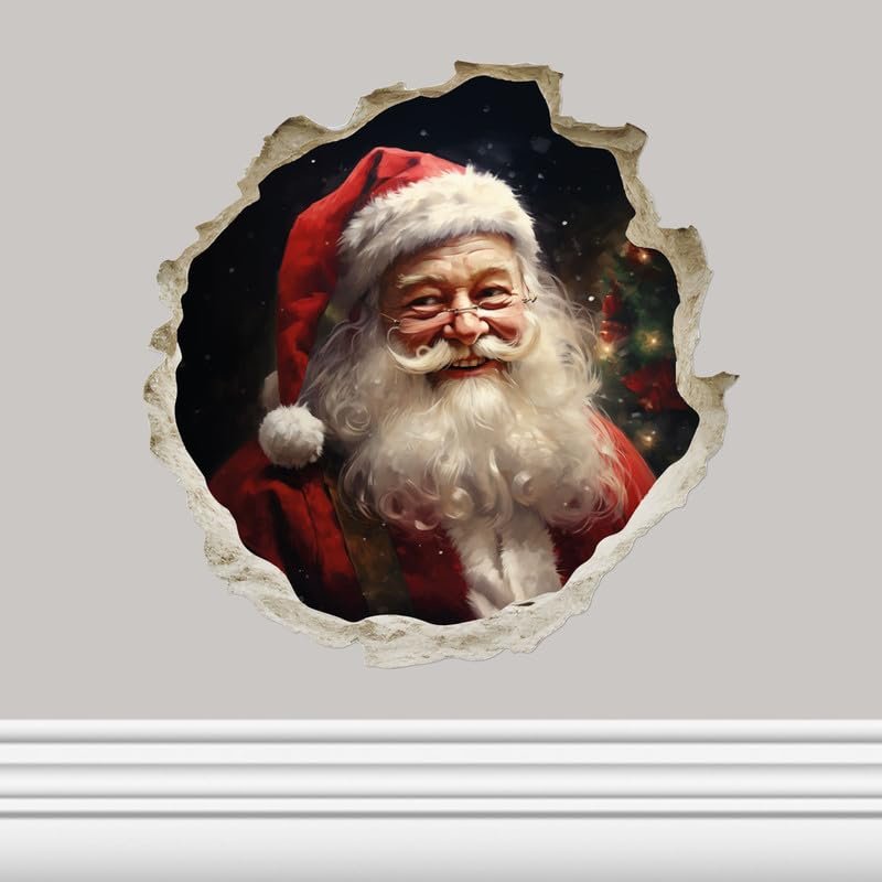 Christmas Santa in Hole Sticker - 3D Hole Wall Decal, Kids Room, Classroom, Home, Bedroom, Livingroom, Bookcase, Size - 5'' X 5''