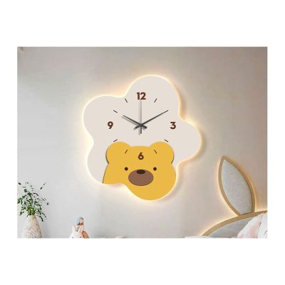 SYALEO Decorative Night Light Wall Clock Non Ticking Luminous Flower Shape Dimmable Art Clock Bear Pattern Decorative Painting W/Remote Control for Kid's Room Hotel Reloj de Pared