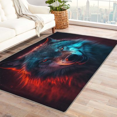 Wolf Rug 4x6 ft, Fire and Ice Wolf Area Rug, 3D Animal Rugs for Living Room Bedroom, Wildlife Carpet, Kids Room Decor for Boys Girls, Washable Non Slip Soft Low Pile Indoor Area Rugs