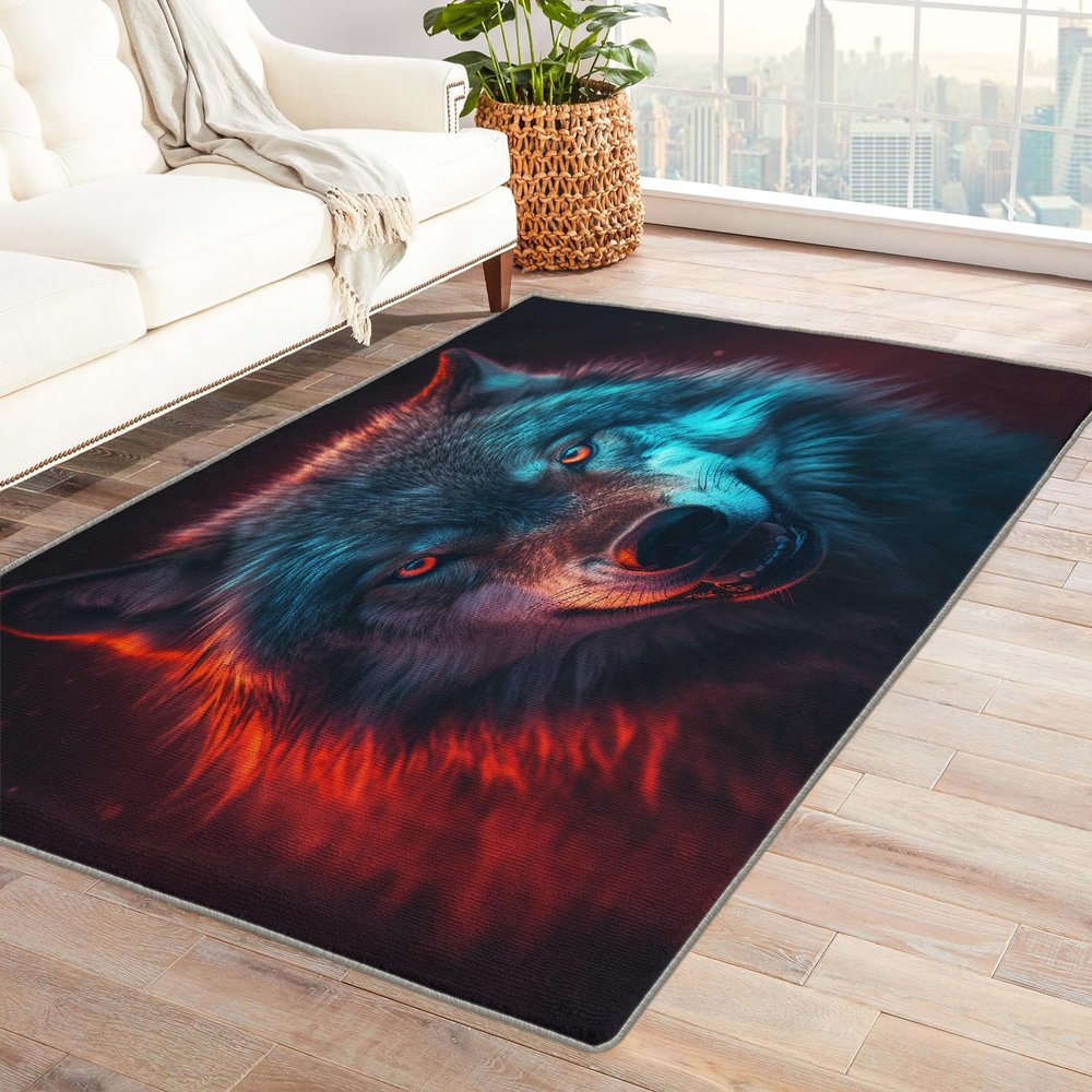 Wolf Rug 4x6 ft, Fire and Ice Wolf Area Rug, 3D Animal Rugs for Living Room Bedroom, Wildlife Carpet, Kids Room Decor for Boys Girls, Washable Non Slip Soft Low Pile Indoor Area Rugs